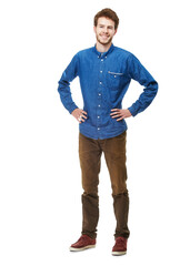 Fototapeta premium Portrait, young man and confidence in fashion, casual clothes and style on isolated, transparent or png background. Happy, person and pride with hands on hips in cool jeans and clothing for men