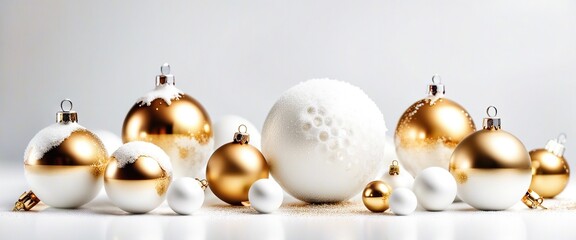 Fototapeta na wymiar Winter holiday wallpaper. Festive white and gold Christmas ornaments and baubles. Empty glass snow ball White Christmas