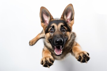 Cute Dog Portraying Emotive Faces, Playful German Shepherd on White, Captured through Unique Aerial Photography Techniques, generative ai