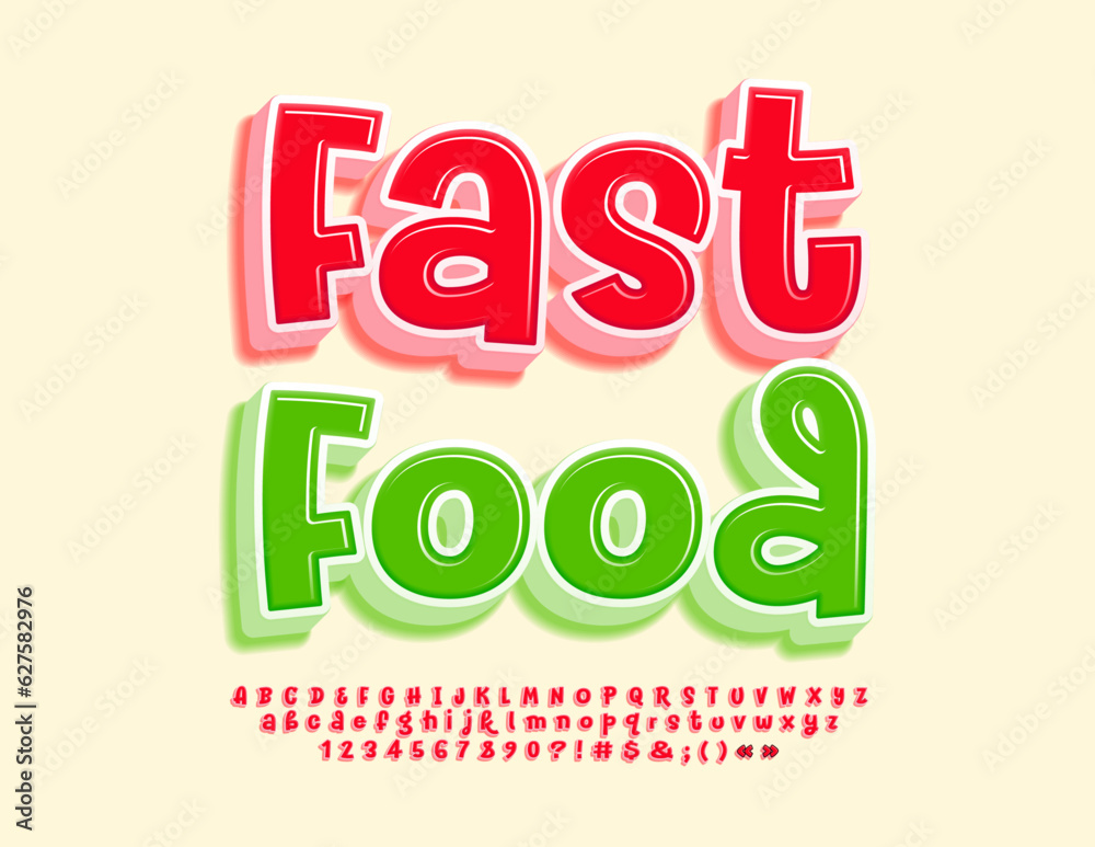 Wall mural Vector creative advertisement Fast Food. Bright Red 3D Font. Funny Alphabet Letters and Numbers set. 