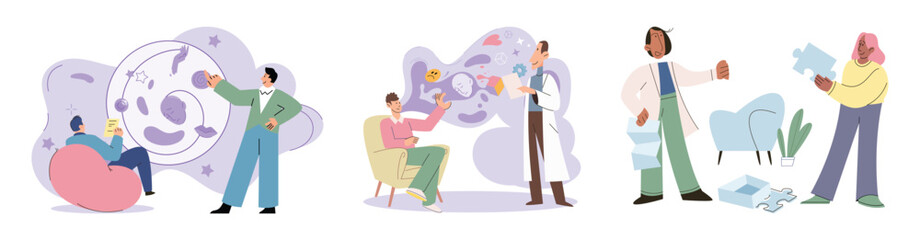 Psychologist and patient with tangled and untangled mind metaphor, doctor solving psychological problems couch consultation, mental health. Online ai therapy. Mental therapy sessions game. Life puzzle