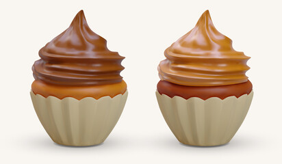 Pair of chocolate muffins with different cream. Dark and milk chocolate. Vector color illustration, concept for cafe, restaurant, bakery. Sweet pastry