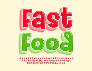 Vector creative advertisement Fast Food. Bright Red 3D Font. Funny Alphabet Letters and Numbers set. 
