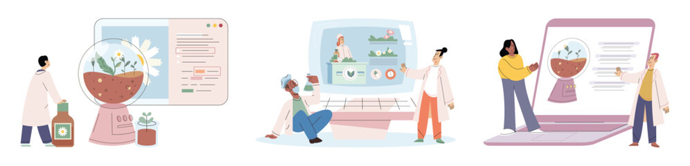 Natural herbal medication researches in laboratory. Traditional medicine concept. Scientist doctors characters make drugs of medical plants, herbal ingredients, extracts, preparing homeopathic recipes