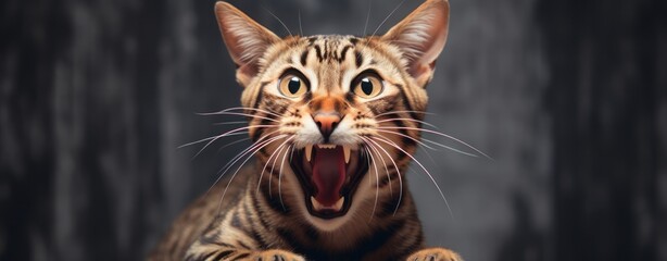 Bengal Kitten or Cat on Yellow Background, Energetic Expressions and Big Mouth Captured with Photo Realistic Techniques, generative ai - obrazy, fototapety, plakaty