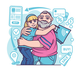 Grandfather hugging happy granddaughter. Profitable shopping day concept. Buying art products concept. Flat vector illustration in blue colors in cartoon style