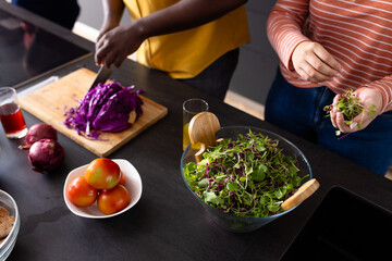 Diverse group of friends cutting vegetables on countertop in kitchen