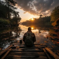 A traveler sitting on a dock, watching a sunrise over a calm lake generative ai