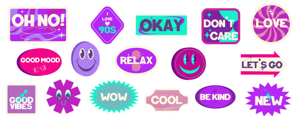 Y2k sticker trendy set. 90s design sticker with text okay, wow, relax. Cute purple label y2k. Aesthettic pack trendy shape. Flat vector illustration