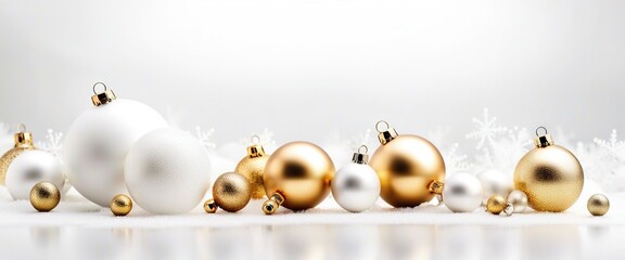 Fototapeta na wymiar Winter holiday wallpaper. Festive white and gold Christmas ornaments and baubles. Empty glass snow ball White Christmas