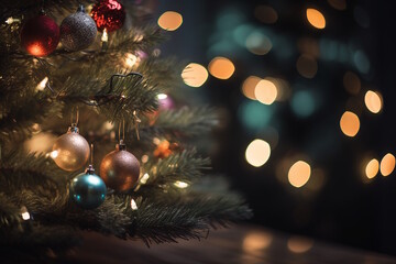 Obraz na płótnie Canvas Christmas Tree with Glowing Ornaments, Twinkling Lights, and Golden Star, Capturing the Joyful Warmth of the Holiday Season. Generative AI