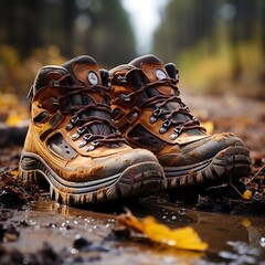 A close-up of a hiker's worn-out boots on a dusty trail generative ai