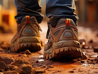 A close-up of a hiker's worn-out boots on a dusty trail generative ai