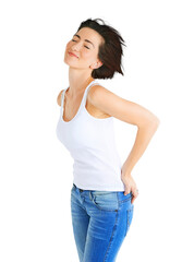 Fototapeta premium Smile, freedom and wind in her hair with a woman isolated on a transparent background for style. Fashion, happy and a young female model posing on PNG in a trendy clothes outfit with denim jeans