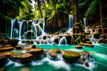 Fototapeta na wymiar Kuang si waterfall: The beauty of nature with lush greenery. The Kuang Si Waterfall is nature's masterpiece, a symphony of water and greenery. The falls tumble down in multiple tiers.