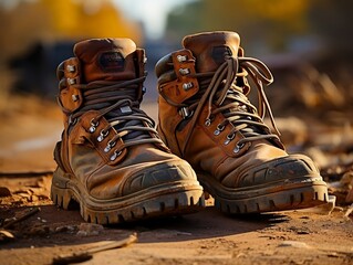 A close-up of a hiker's worn-out boots on a dusty trail generative ai