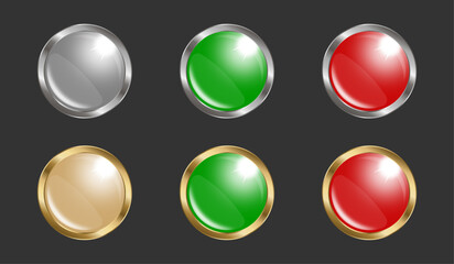 Shiny circle button with metallic frame in red, green, silver and gold colors on the dark background. Vector icon for web, games and app.