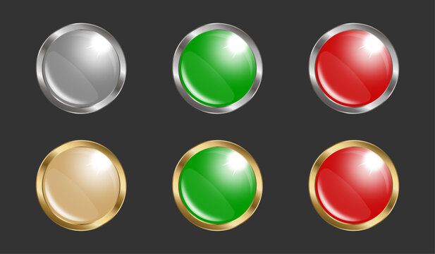 Shiny circle button with metallic frame in red, green, silver and gold colors on the dark background. Vector icon for web, games and app.
