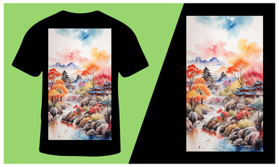 Colorful Chinese Oil Painting Landscape Illustration Background Watercolor Ink T-Shirt Design for Men and Women, Vector Illustration.