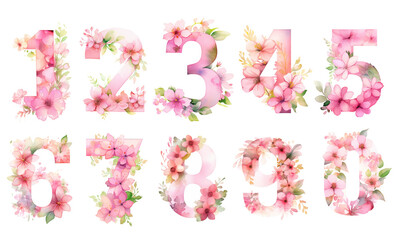 Watercolor cute numbers with spring wildflowers. Pastel pink, orange, lilac colors. Simple flowers, green leaves. Number: 0, 1, 2, 3, 4, 5, 6, 7, 8, 9 .