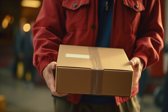 Close-up caucasian courier holding a box outdoors, package delivery service