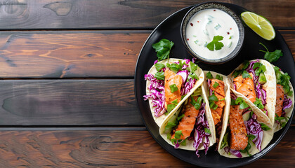salmon tacos with red cabbage salad with spicy yogurt sauce sprinkled with finely chopped parsley...
