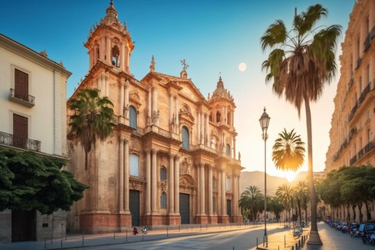 Malaga Cathedral at sunrise with blue sky viewed from Plaza del Obispo in Andalusia. Generative AI