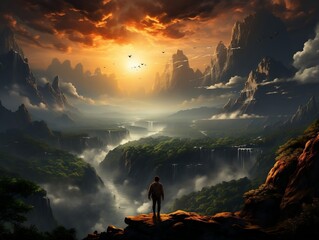 A traveler standing on a cliff edge, overlooking a vast, misty landscape generative ai