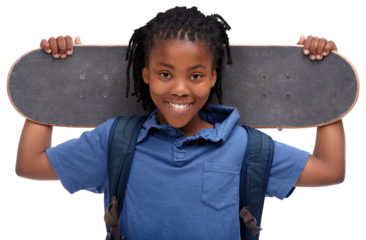 Portrait, happy black child and skateboard of student isolated on a transparent png background. African school kid, skating and face smile to start exercise, workout or training for sports with board