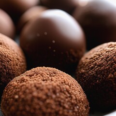 Chocolate bonbons and cocoa powder background. Close up