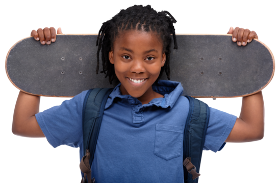 Portrait, happy black child and skateboard of student isolated on a transparent png background. African school kid, skating and face smile to start exercise, workout or training for sports with board