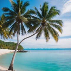 Fototapeta na wymiar Summer background of Coconut Palm trees on white sandy beach Landscape nature view Romantic ocean bay with blue water and clear blue sky over sea at Phuket island Thailand.