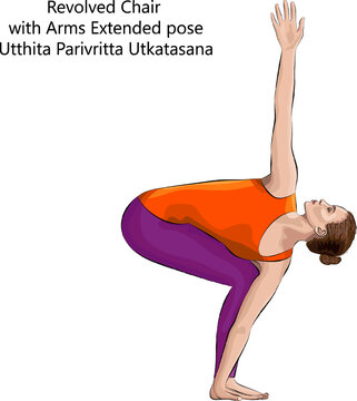 Young woman practicing yoga exercise, doing Revolved Chair with Arms Extended pose. Utthita Parivritta Utkatasana. Standing and Twist. Intermediate. Isolated vector illustration.