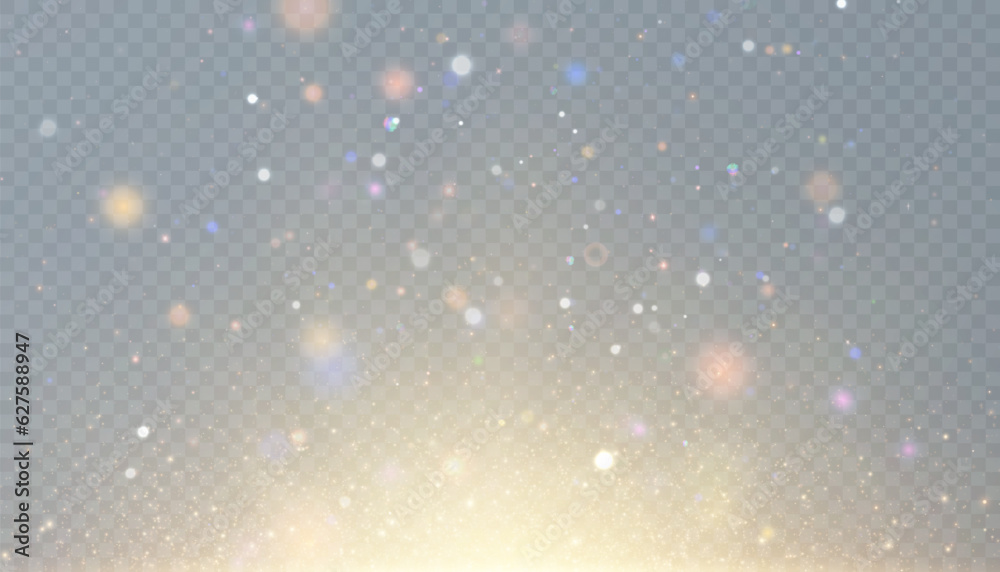 Poster Bokeh light effect with lots of shiny shimmering particles isolated on transparent background. Glitter. Vector star cloud with dust.