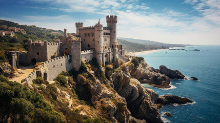 Fototapeta na wymiar A captivating view of a medieval castle perched on a rocky cliff, overlooking the ocean Generative AI