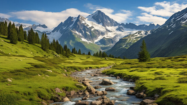 A serene view of snow-capped mountains towering above a peaceful alpine valley Generative AI