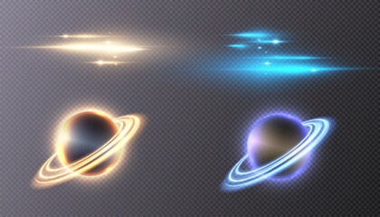 Abstract futuristic design of the planet saturn in light performance on a transparent background.   © MAKSYM