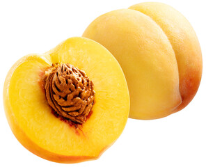 Yellow Peach fruit with leaf isolated on white background, Fresh Peach on White Background PNG File.
