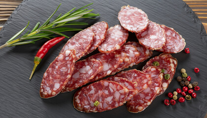 fuet sausage cut in slices on a black slate plate with peppercorns, sliced chili and fresh rosemary, view from above, close-up
