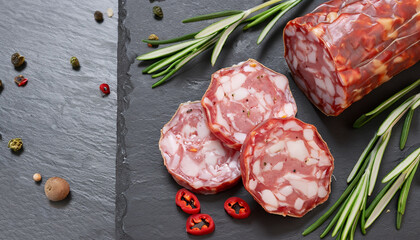 fuet sausage cut in slices on a black slate plate with peppercorns, sliced chili and fresh rosemary, view from above, close-up