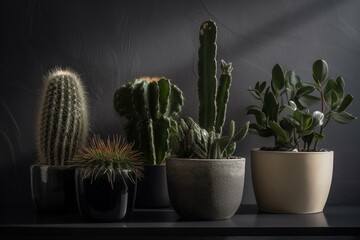 Three potted plants on a white table beside a white wall with a cactus picture in a black frame. Generative AI