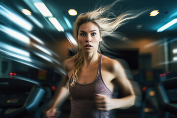 Fototapeta na wymiar creative portrait of athletic and sexy woman working out at gym on a treadmill. in motion details of woman running