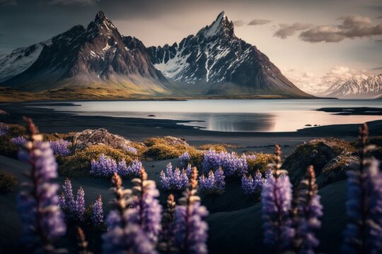 Beautiful scenery of lupine flowers and Stokksnes Mountains at Vestrahorn Cape, Iceland. Generative AI