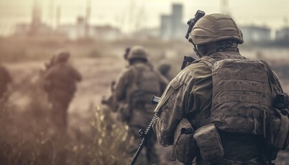 Fototapeta premium Military soldiers with assault rifles from the back