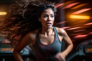 Fototapeta na wymiar close up portrait of athletic and sexy woman working out at gym on a treadmill. in motion details of woman running