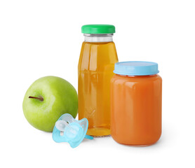 Healthy baby food, apple and pacifier on light grey background