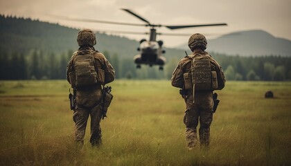 Military soldiers with assault rifles from the back
