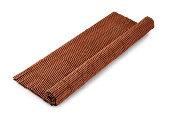 Rolled sushi mat made of bamboo on white background