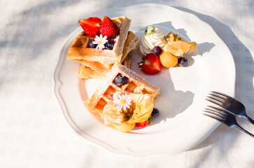 Waffles with Strawberries and Tropical Fruits