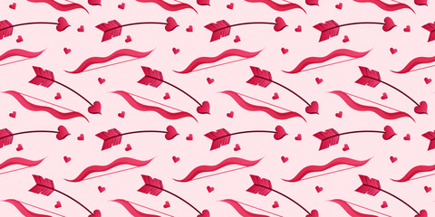 Valentine s Day seamless pattern. Cupid s trills and bow. Vector. Can be used to create charming and romantic designs for greeting cards, gift wrapping, stationery, or other love-themed materials. - obrazy, fototapety, plakaty